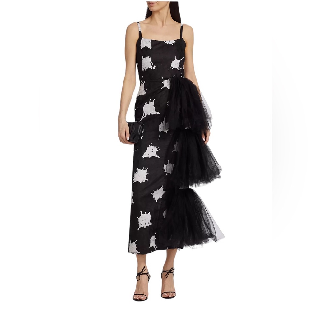 NEW Busayo Alaffia Black White Splatter Cotton and Tulle Midi Dress Reg. $595